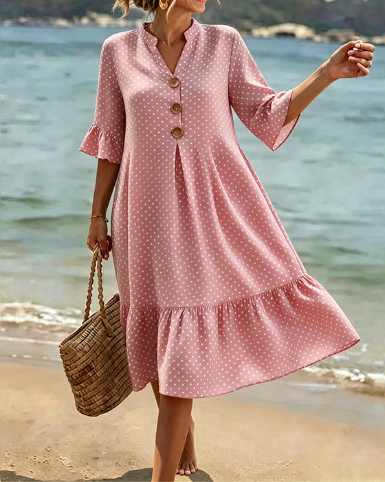 Polka Dot V-Neck Ruffle Sleeve Dress