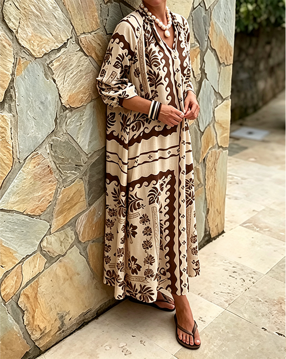 V-Neck Ethnic Style Loose Big Hem Dress