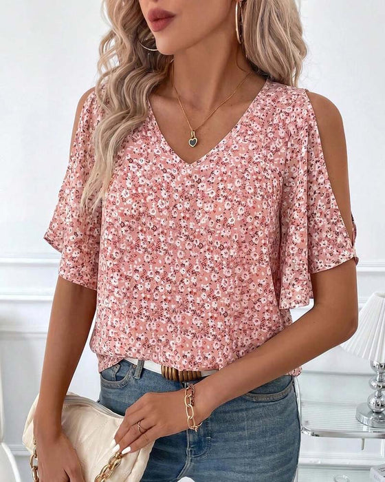 V-Neck Floral Off-Shoulder Flutter Sleeve Blouse
