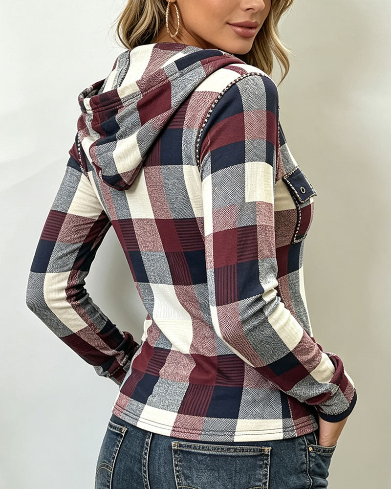 Hooded Zip Plaid Coat