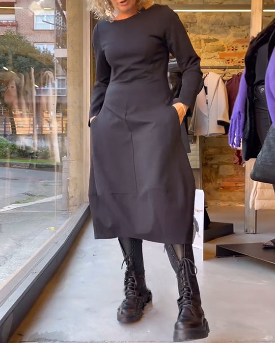 Solid color round neck A-line dress
