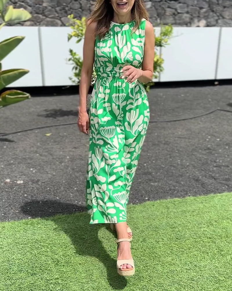 Sleeveless Long Waisted Printed Dress