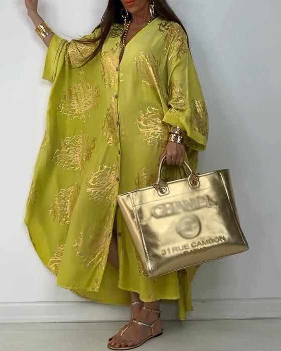 Long sleeve printed button loose dress