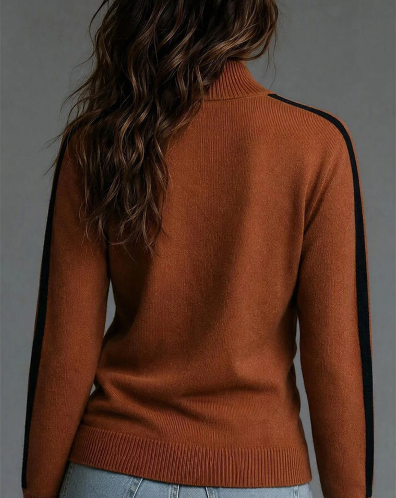 Turtleneck Metal Button Color Block Pullover