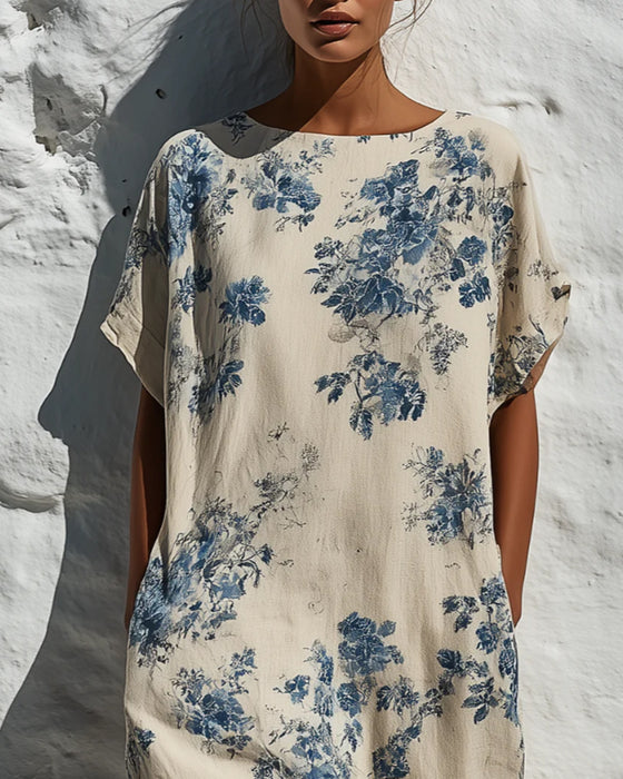 Crew Neck Vintage Blue Floral Dress