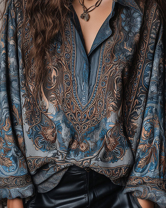 Retro Print V-Neck Lapel Sophisticated Blouse