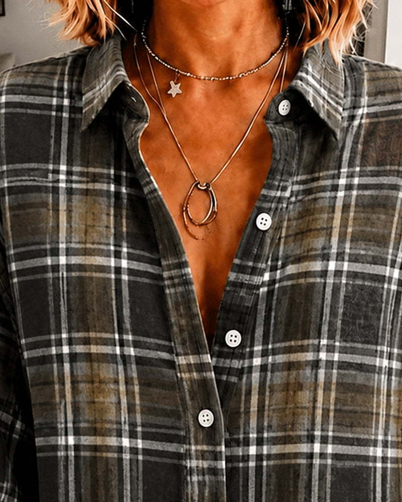 Lapel Checkered Long Sleeve Shirt