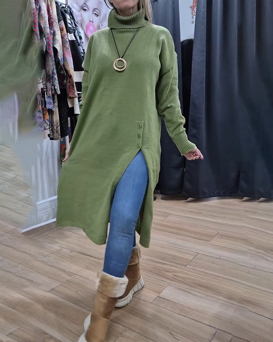 Turtleneck Button Slit Long Pullover
