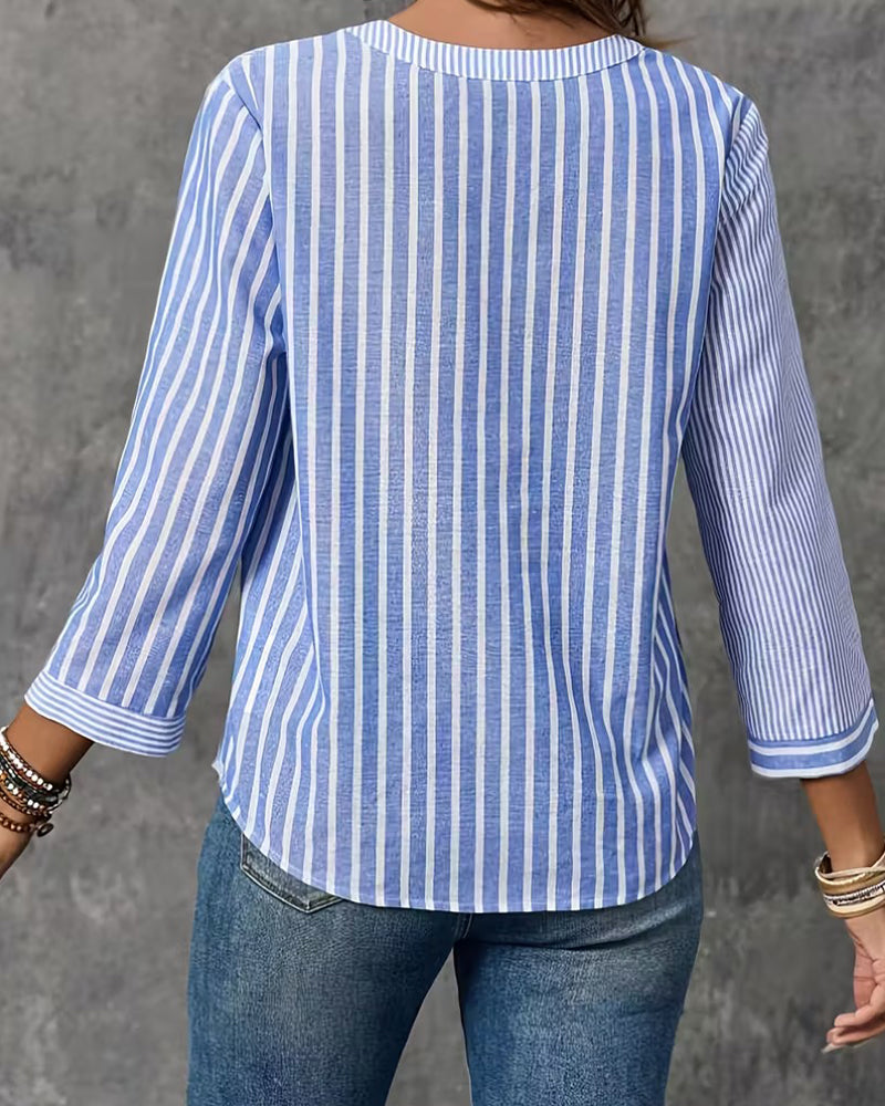 Button-Down V-Neck Striped Blouse