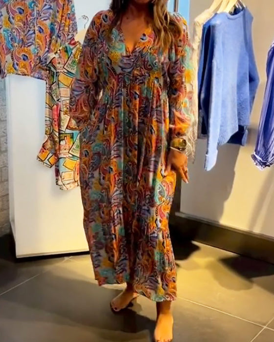 Print  V neck A-Line Maxi Dress