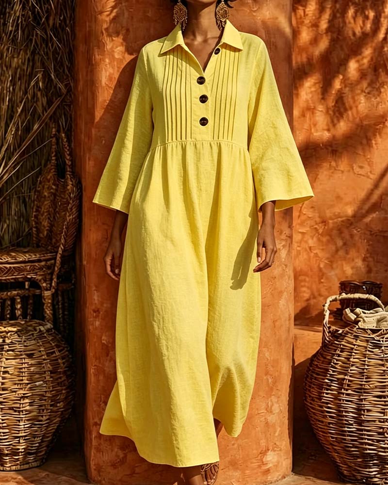 Shirt Collar Shirred Long Sleeve Dress
