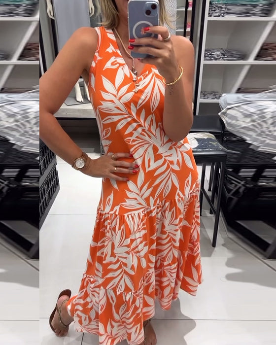 Casual sleeveless maple leaf print dress