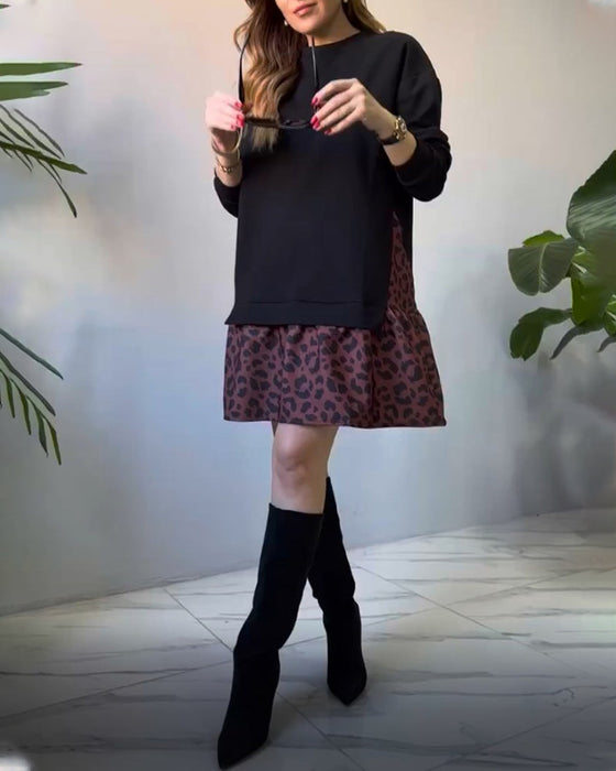Patchwork leopard print casual dress