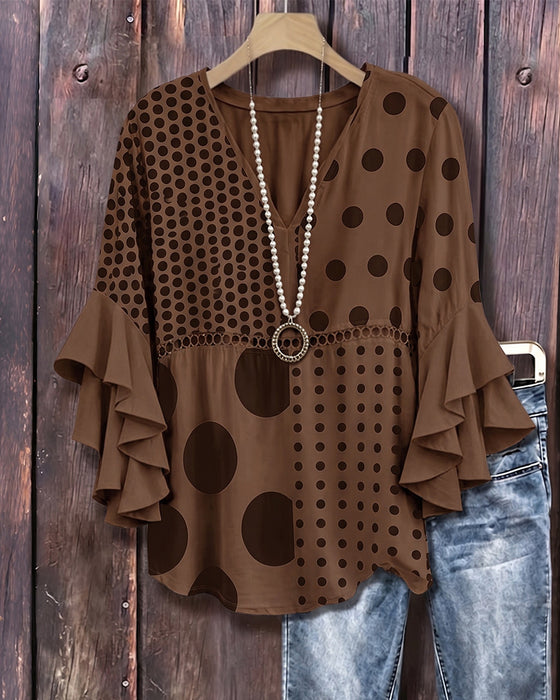 Mixed Polka Dot Patchwork Ruffle Blouse
