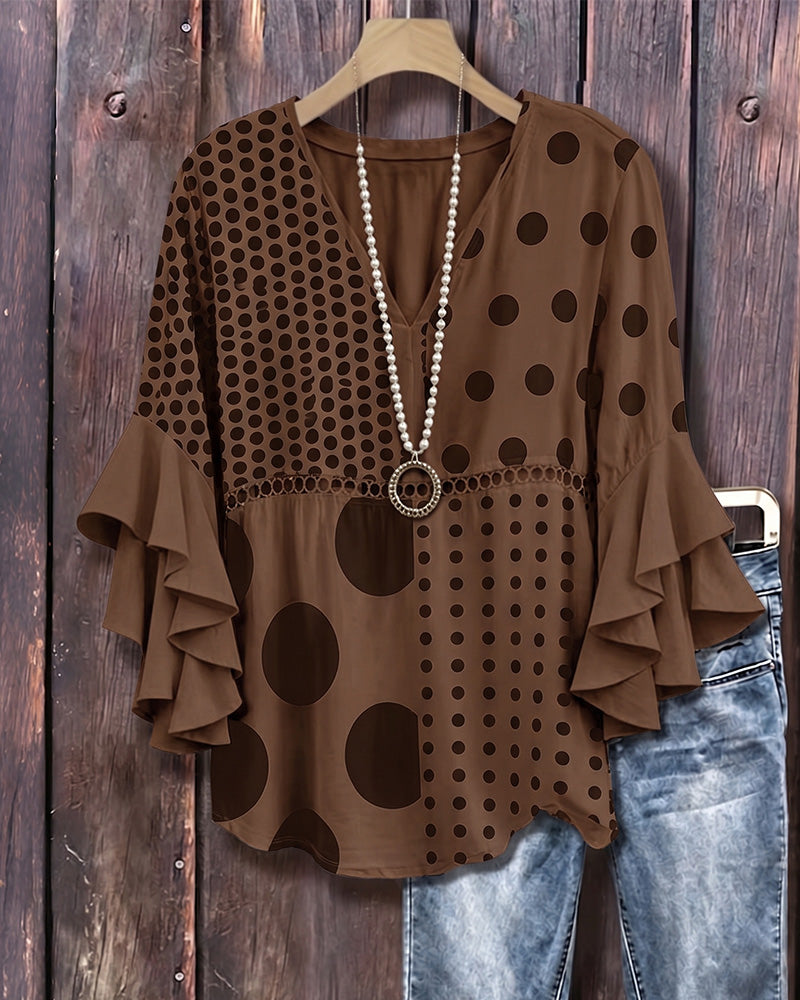Mixed Polka Dot Patchwork Ruffle Blouse