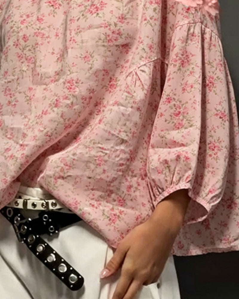 Round Neck Off-Shoulder Floral Loose Blouse