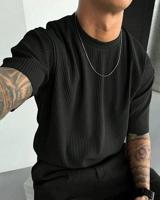 Ribbed High Neck Casual Solid T-Shirt