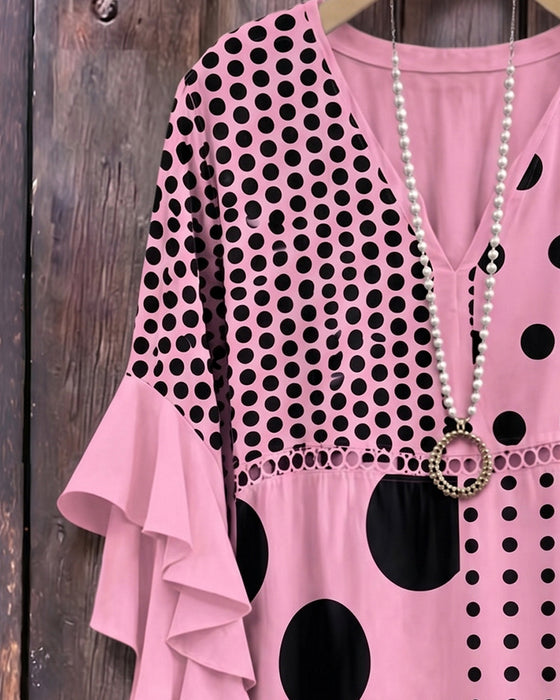 Mixed Polka Dot Patchwork Ruffle Blouse