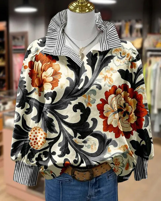 Vintage Floral Patchwork Stripe Lapel Blouse