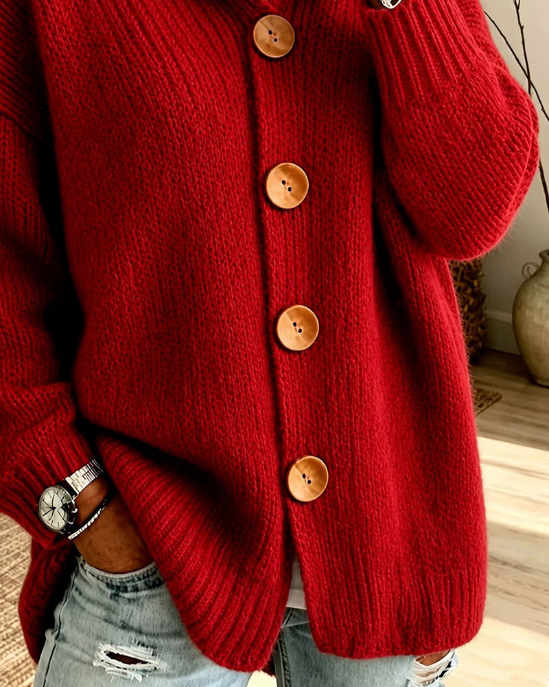 Hooded Button-Down Loose Solid Sweater
