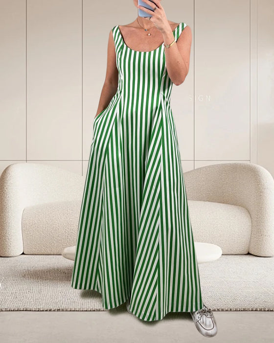 Casual vertical stripe printed sleeveless pocket dress