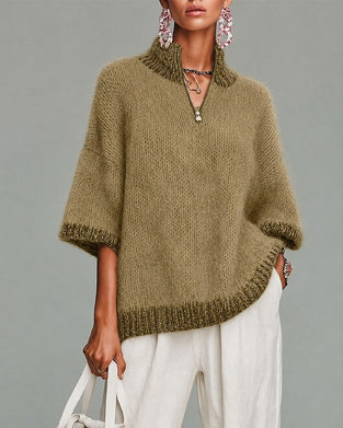 Half-Zip Contrasting Three-Quarter Sleeve Pullover