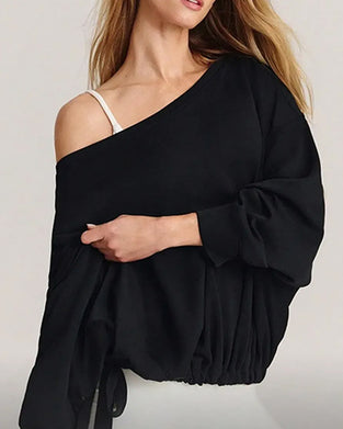 One-Shoulder Drawstring Loose Sweatshirt