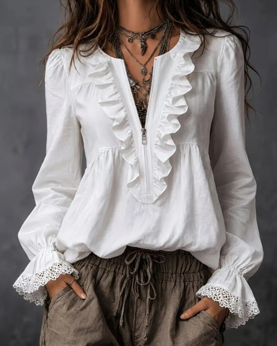 Zippered Ruffle-Sleeve Blouse