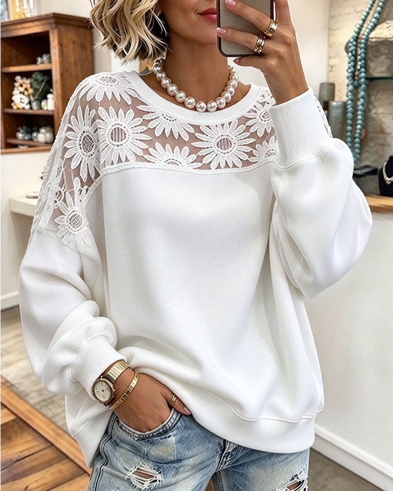 Round Neck Sunflower Lace Patchwork Sweatshirt