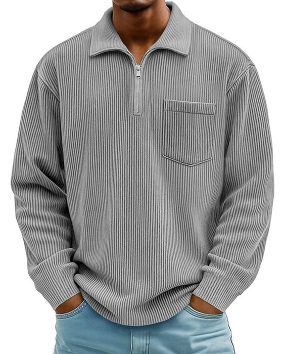 Ribbed Half Zip Lapel Long Sleeve Sweatshirt