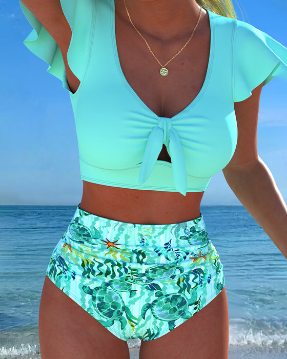 U-Neck Flutter Sleeve Cutout Bikini