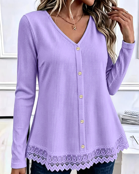 Long Sleeve Waffle Patchwork T-Shirt