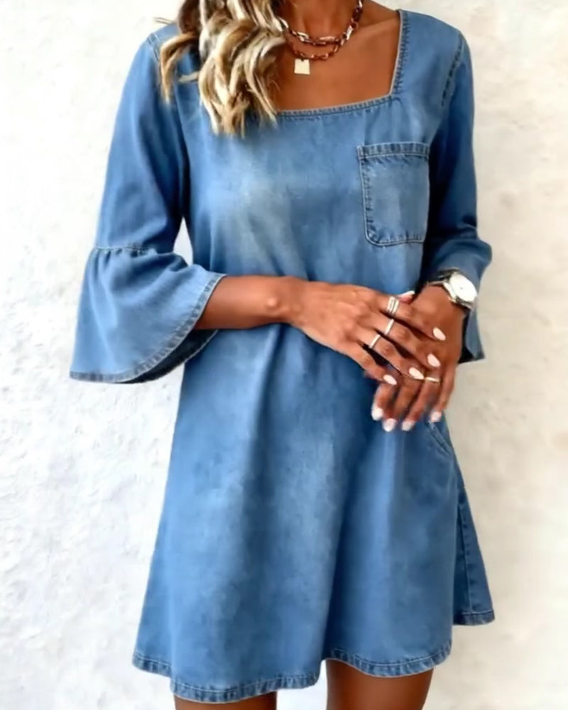 Square Neck Flared Three Quarter Sleeve Dress