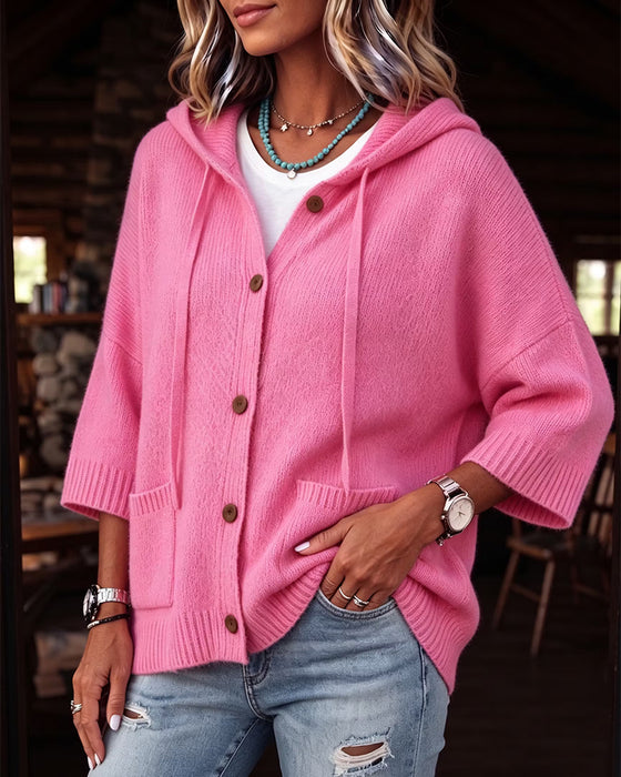 Elbow-Length Sleeve Hooded Single-Breasted Cardigan