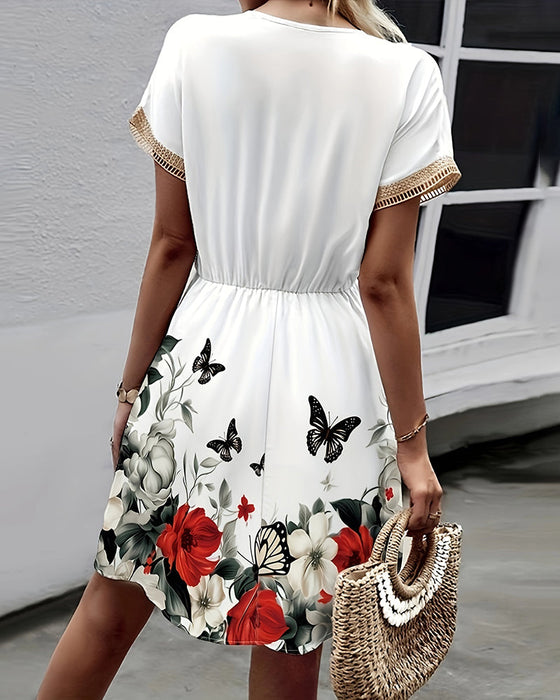 Butterfly print lace v-neck dress