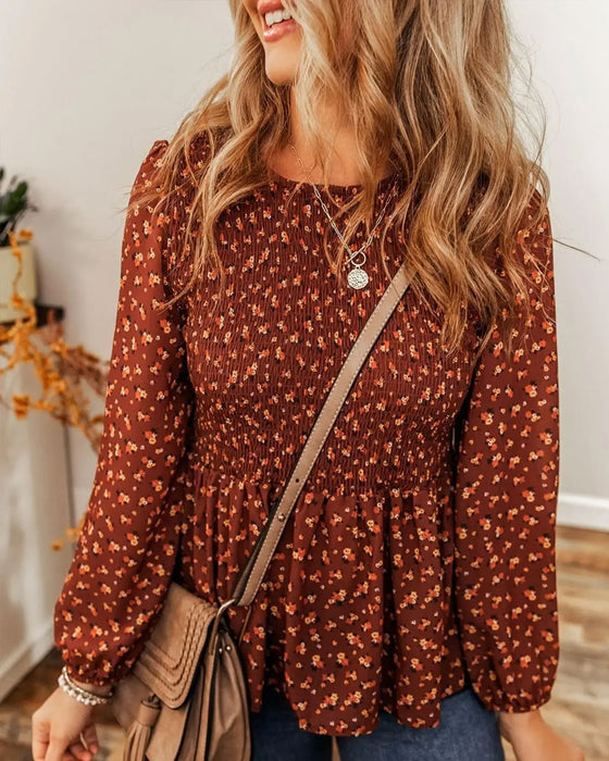 Floral Shirred Long Sleeve Blouse