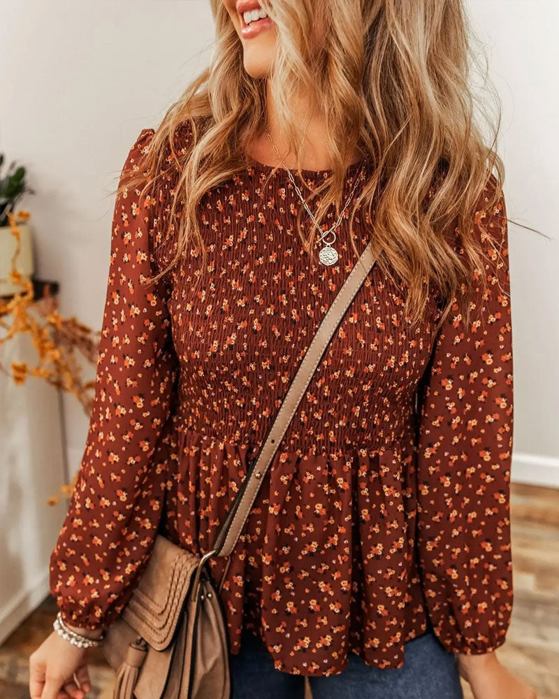 Floral Shirred Long Sleeve Blouse