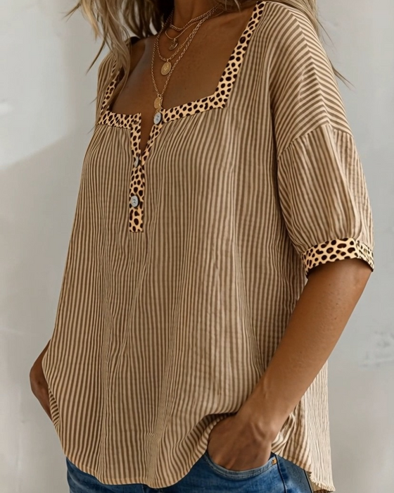 Square Neck Short Sleeve Leopard Print Blouse