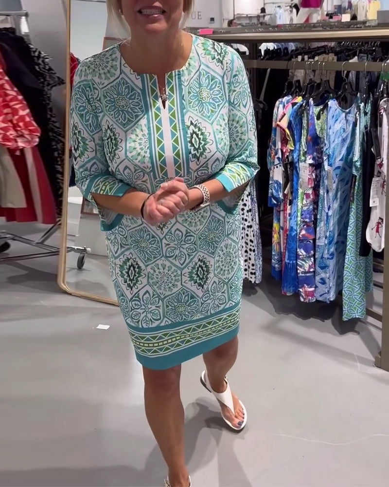 Circle Print Round Neck Straight Dress