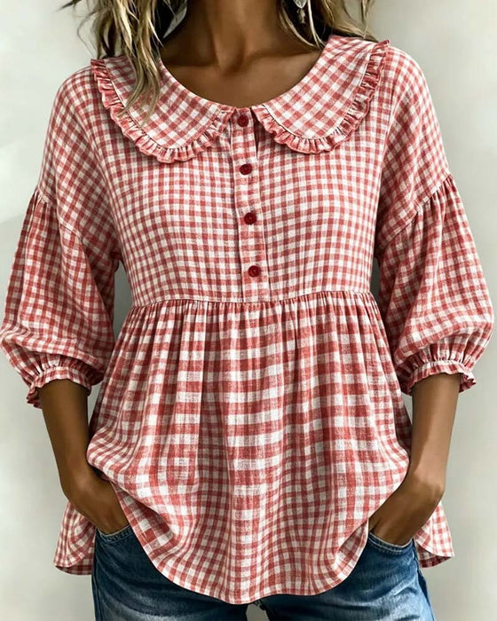Peter Pan Collar Plaid Waist-Cinching Blouse