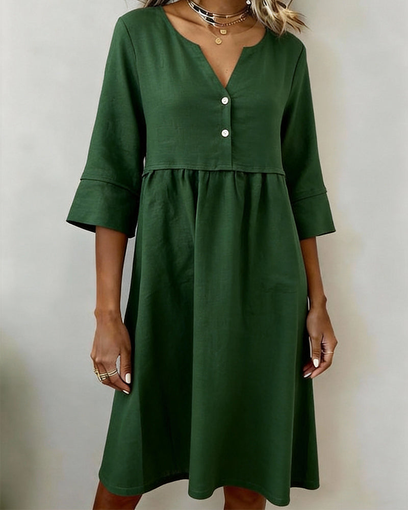 Linen-Blend Three-Quarter Sleeve Pleated A-Line Dress