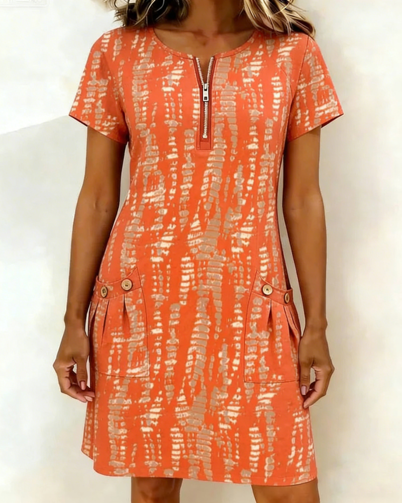 Printed Half-Zip Large Pocket Dresss
