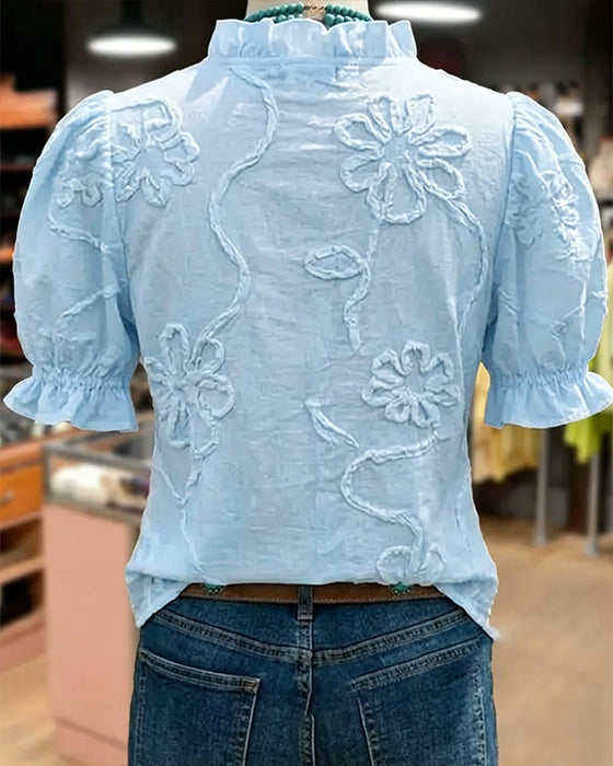 V-Neck Ruffle Trim Puff Sleeve Blouse