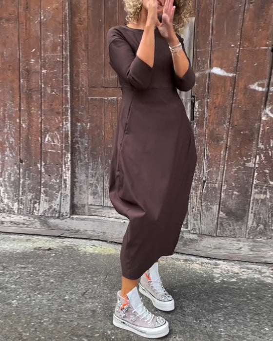 Simple solid color pocket long sleeve elegant dress