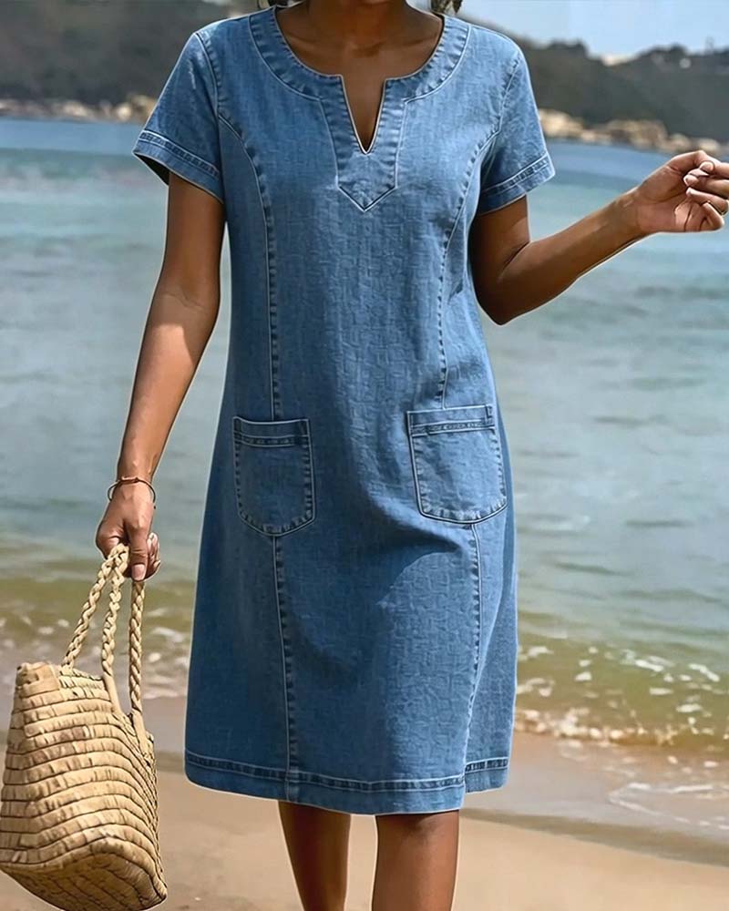 Relaxed Sheath Pocket Small V-Neck Dress