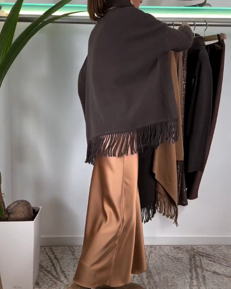 High neck solid color tassel pullover