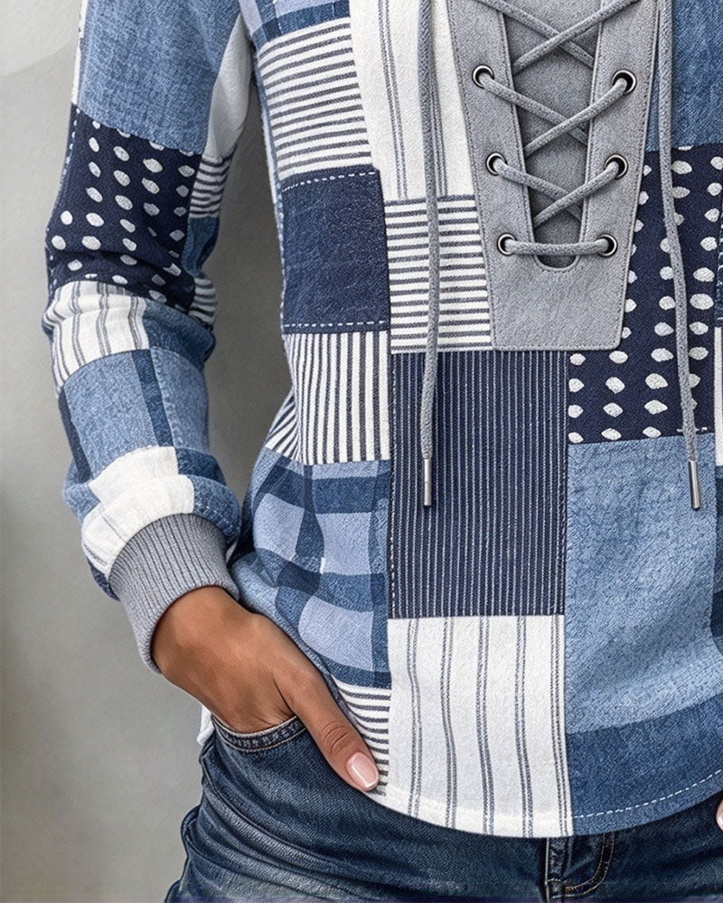 Lace-Up Plaid Long-Sleeved Slim Sweatshirt