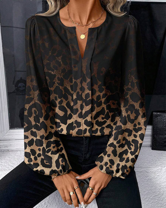 Puff-Sleeved Gradient Leopard Print Shirt