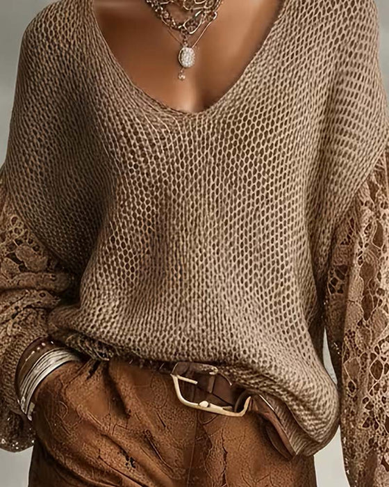 Lace Cut-Out Patchwork Lantern Sleeve Pullover