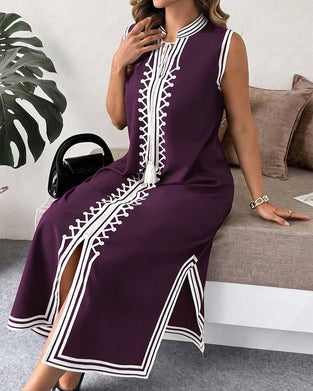 White Tape Sleeveless Slit Maxi Dress